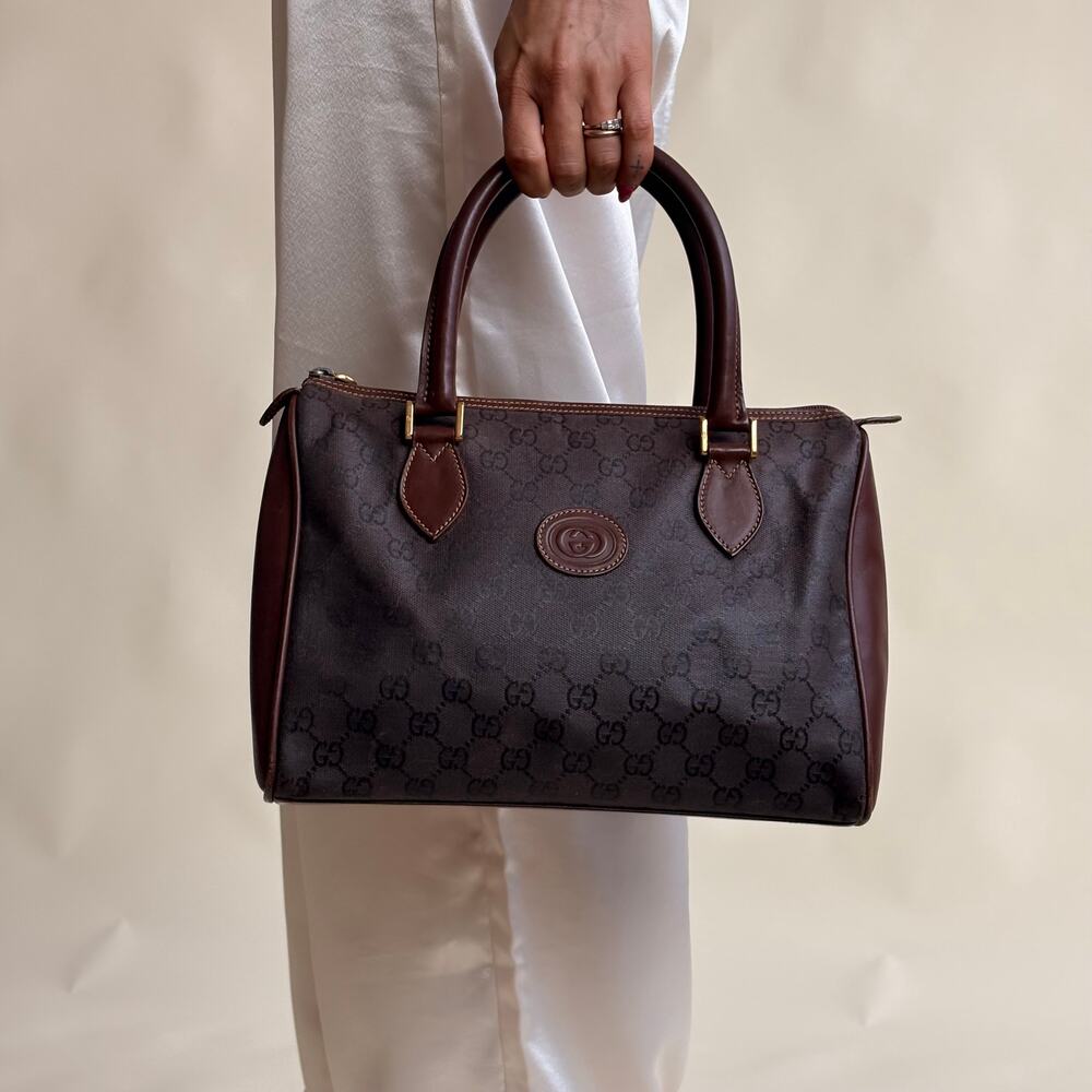 Gucci GG Monogram Hand Bag - Brown Canvas/Leather Trim, Vintage